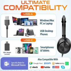 Delton 30Y MS Teams Noise-Canceling On-Ear Mono Computer Headset, USB Type-A & Type-C, Black (DWH30Y)