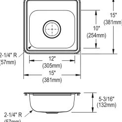 Elkay Dayton Stainless Steel 15" x 15" x 5-3/16", Single Bowl Top Mount Bar Sink, Satin (D115161)