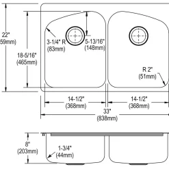 Elkay Dayton Stainless Steel 33" x 22" x 8", Equal Double Bowl Dual Mount Sink (DPXSR233222R)