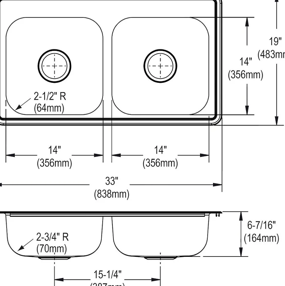 Elkay Dayton Stainless Steel 33" x 19" x 6-7/16", Equal Double Bowl Top Mount Sink (D233194)