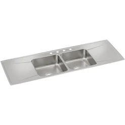 Elkay Lustertone Classic 4-Hole Double-Bowl Drop-in Sink with Drainboard, 22" x 66" x 7.63", Stainless Steel, Lustrous Satin