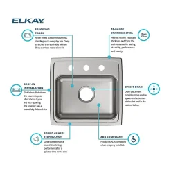 Elkay Lustertone Classic 3-Hole Single-Bowl Drop In Sink, 5.5" x 19" x 18", Stainless Steel, Lustrous Satin (LRAD1918553)