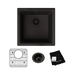 Elkay Quartz Classic Single-Bowl Drop In/Undermount Kitchen Sink, 15.75" x 15.75" x 7.69", Quartz, Black (ELG1616BK0C)