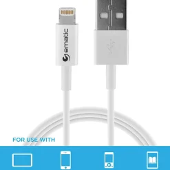 Ematic 3 ft. Charge and Sync Lightning to USB-A Cable, White, (ELC420MF)
