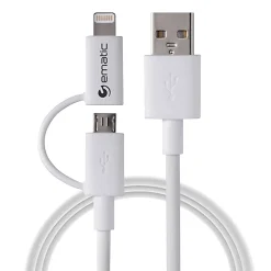 Ematic Charge and Sync 2-in-1 Lightning and Micro USB to USB-A Cable, 3 ft., White, (ELD320)