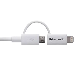 Ematic Charge and Sync 2-in-1 Lightning and Micro USB to USB-A Cable, 3 ft., White, (ELD320)
