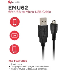Ematic Charge and Sync Micro USB to USB-A Cable, 6-ft, Black, (EMU62)