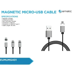 Ematic Magnetic Micro USB to USB-A Cable for Android Devices, 3 ft., Black (EUTCMG401)