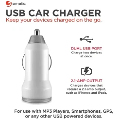 Ematic 2-Port USB-A Car Charger, 2.1-Amp, White, (ECC08WH)