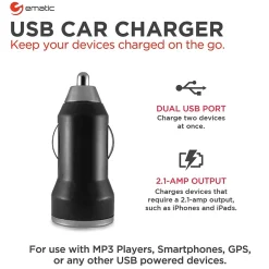 Ematic 2-Port USB-A Car Charger, 2.1-Amp, Black, (ECC08BL)