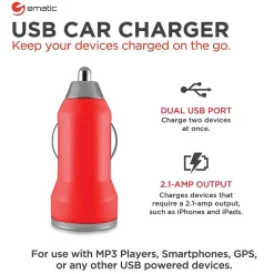 Ematic 2-Port USB-A Car Charger, 2.1-Amp, Red, (ECC08RD)