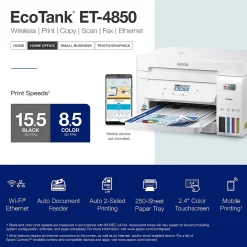 Epson EcoTank ET-4850-W Wireless Color Inkjet Printer, All-In-One Supertank, Print, Scan, Copy, Fax (9472545)