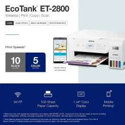 Epson EcoTank ET-2800-W Wireless Color Inkjet Printer, All-In-One Supertank, Print, Scan, Copy (9472539)