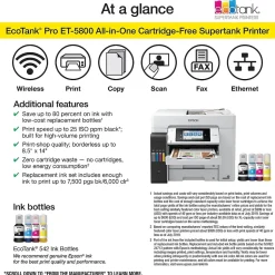 Epson EcoTank Pro ET-5800 Wireless Color Inkjet Printer, All-In-One Supertank, Print, Scan, Copy, Fax (9472508)