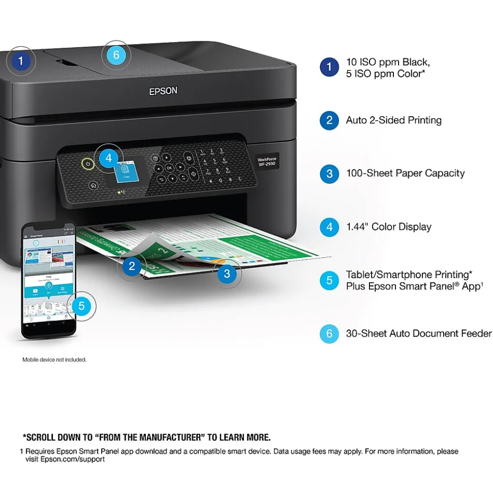 Epson WorkForce WF-2930 Wireless Color Inkjet Printer, All-In-One, Print, Scan, Copy, Fax (9472537)