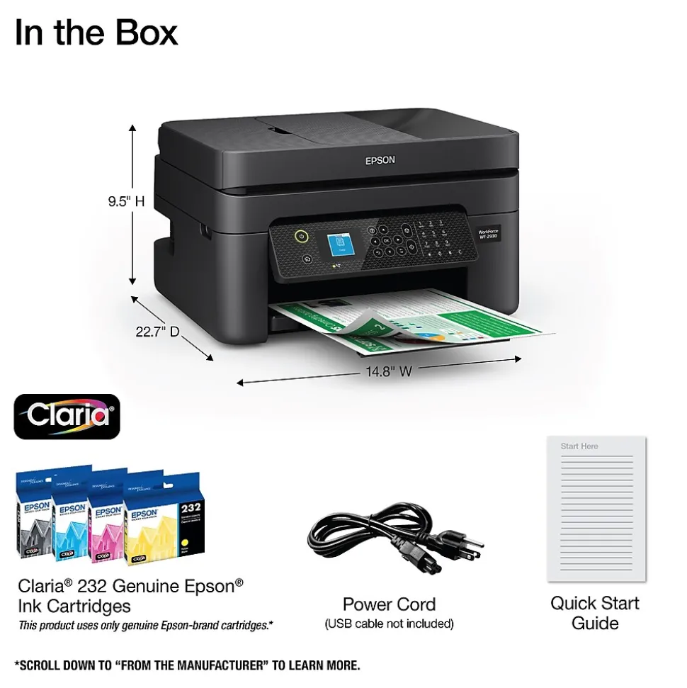 Epson WorkForce WF-2930 Wireless Color Inkjet Printer, All-In-One, Print, Scan, Copy, Fax (9472537)