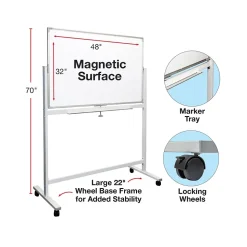 Excello Global Products Dry-Erase Mobile Whiteboard, Aluminum Frame, 48