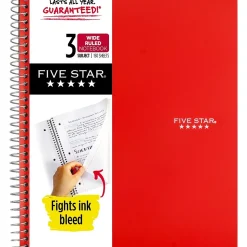 Five Star 3-Subject Notebooks, 8" x 10.5", Wide Ruled, 150 Sheets, Each (51014)