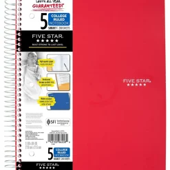 Five Star 5-Subject Notebook, 8.5" x 11", College Ruled, 200 Sheets, Red (72077)
