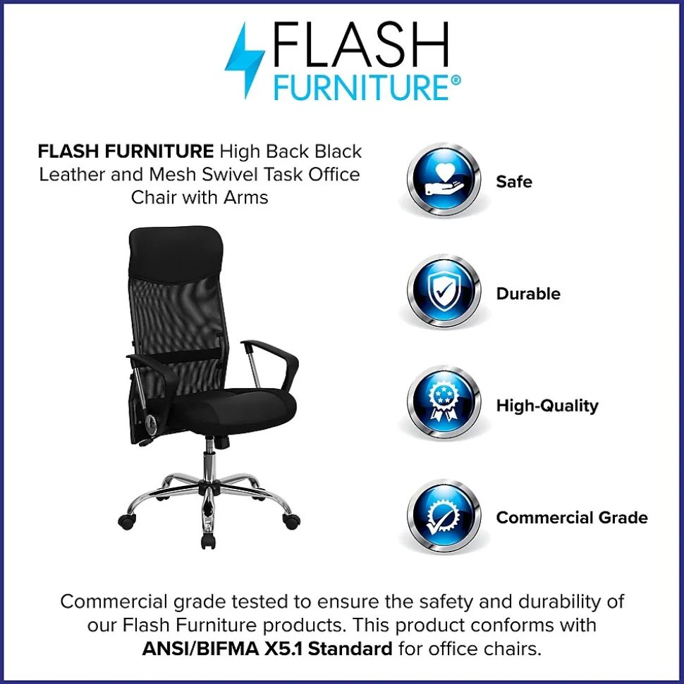 Flash Furniture Abney Ergonomic Leather and Mesh Swivel High Back Task Office Chair, Black (BT905)
