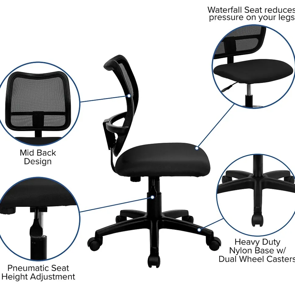 Flash Furniture Alber Armless Ergonomic Mesh Swivel Mid-Back Task Office Chair, Black (WLA277BK)