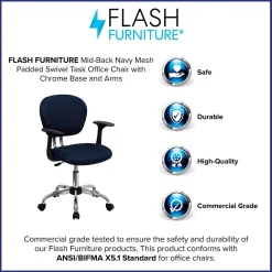 Flash Furniture Beverly Ergonomic Mesh Swivel Mid-Back Padded Task Office Chair, Navy (H2376FNAVYARMS)