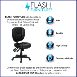 Flash Furniture Caroline Armless Ergonomic LeatherSoft Swivel Mid-Back Multifunction Task Office Chair, Black (GO930FBKLEA)
