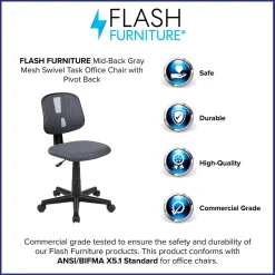 Flash Furniture Flash Fundamentals Armless Ergonomic Mesh Swivel Mid-Back Task Office Chair, Gray (LF134GY)