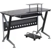 Flash Furniture Glass Computer Desk with Pull-Out Keyboard Tray and CPU Cart, Black