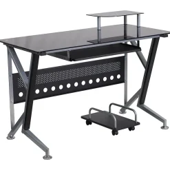Flash Furniture Glass Computer Desk with Pull-Out Keyboard Tray and CPU Cart, Black