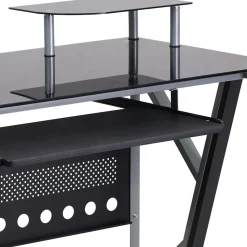 Flash Furniture Glass Computer Desk with Pull-Out Keyboard Tray and CPU Cart, Black