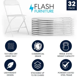 Flash Furniture HERCULES™ Plastic Armless Folding Chair, Premium White, 32/Pack