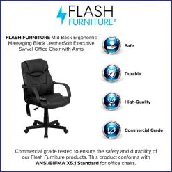 Flash Furniture Laverne Ergonomic LeatherSoft Swivel Mid-Back Massaging Executive Office Chair, Black (BT2690P)