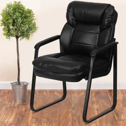 Flash Furniture Leather Mid Back Executive Side Chair With Sled Base, Black