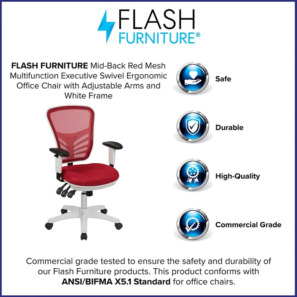 Flash Furniture Nicholas Ergonomic Mesh Swivel Mid-Back Multifunction Executive Office Chair, Red/White Frame (HL0001WHRED)