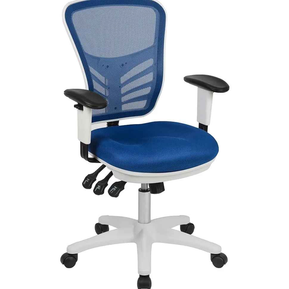 Flash Furniture Nicholas Ergonomic Mesh Swivel Mid-Back Multifunction Executive Office Chair, Blue/White Frame (HL0001WHBLUE)