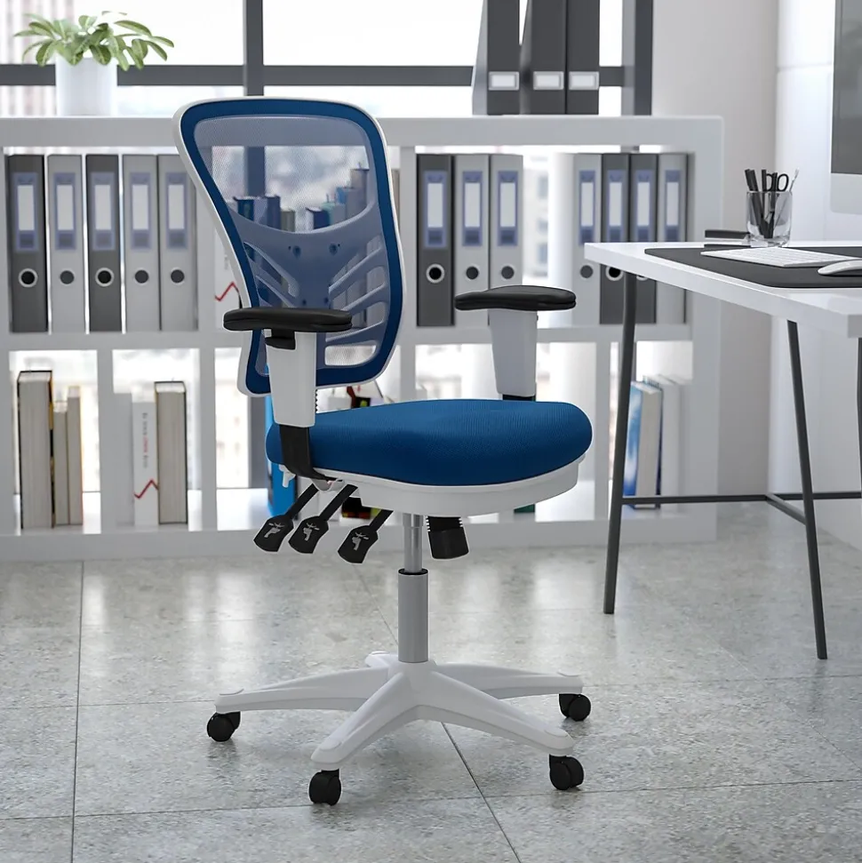 Flash Furniture Nicholas Ergonomic Mesh Swivel Mid-Back Multifunction Executive Office Chair, Blue/White Frame (HL0001WHBLUE)