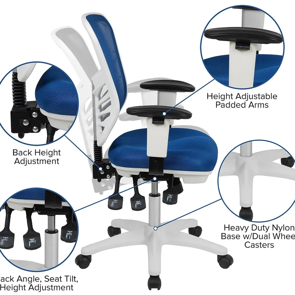 Flash Furniture Nicholas Ergonomic Mesh Swivel Mid-Back Multifunction Executive Office Chair, Blue/White Frame (HL0001WHBLUE)