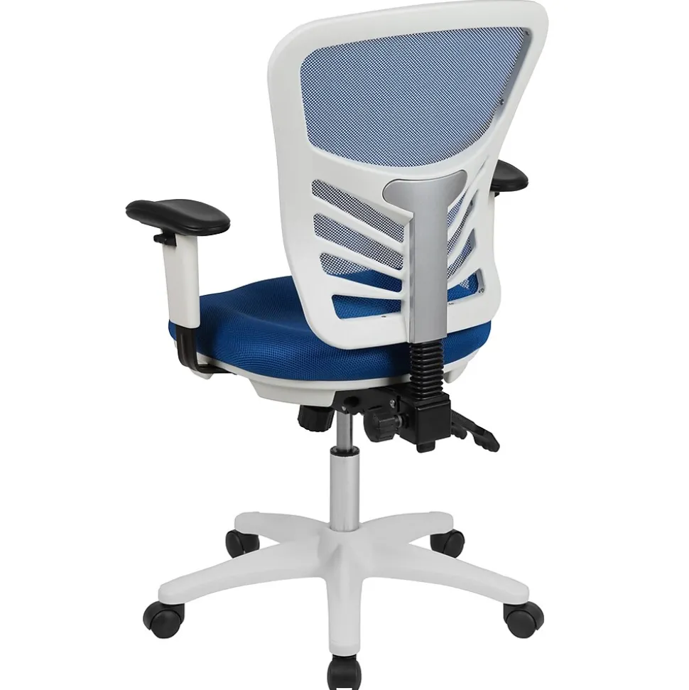Flash Furniture Nicholas Ergonomic Mesh Swivel Mid-Back Multifunction Executive Office Chair, Blue/White Frame (HL0001WHBLUE)