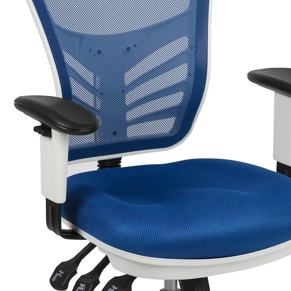 Flash Furniture Nicholas Ergonomic Mesh Swivel Mid-Back Multifunction Executive Office Chair, Blue/White Frame (HL0001WHBLUE)