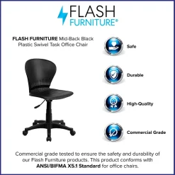 Flash Furniture Sorho Armless Plastic Swivel Mid-Back Task Office Chair, Black (RUTA103BK)