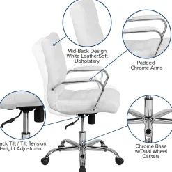 Flash Furniture Whitney Ergonomic LeatherSoft Swivel Mid-Back Executive Office Chair, White/Chrome (GO2286MWH)