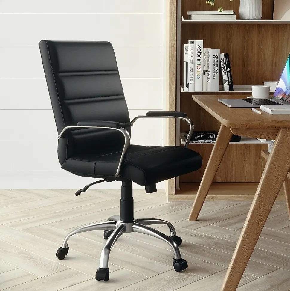 Flash Furniture Whitney Ergonomic LeatherSoft Swivel Mid-Back Executive Office Chair, Black/Chrome (GO2286MBK)