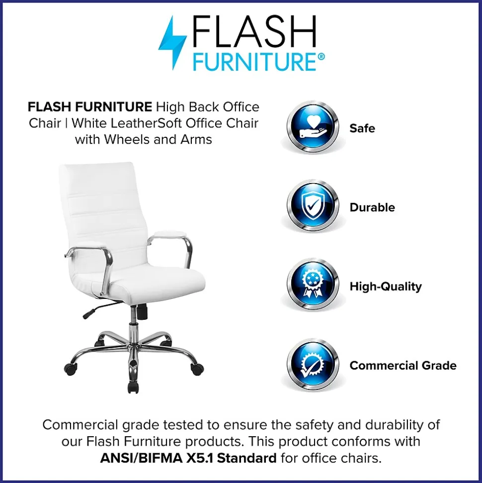 Flash Furniture Whitney Ergonomic LeatherSoft Swivel High Back Executive Office Chair, White/Chrome (GO2286HWH)
