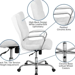 Flash Furniture Whitney Ergonomic LeatherSoft Swivel High Back Executive Office Chair, White/Chrome (GO2286HWH)