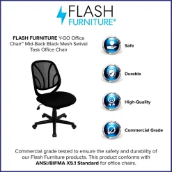 Flash Furniture Y-GO Office Armless Ergonomic Mesh Swivel Mid-Back Task Office Chair, Black (GOWY05)
