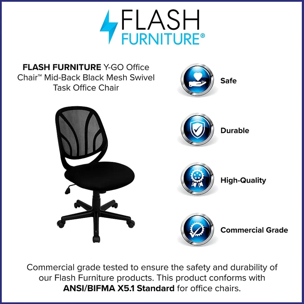 Flash Furniture Y-GO Office Armless Ergonomic Mesh Swivel Mid-Back Task Office Chair, Black (GOWY05)