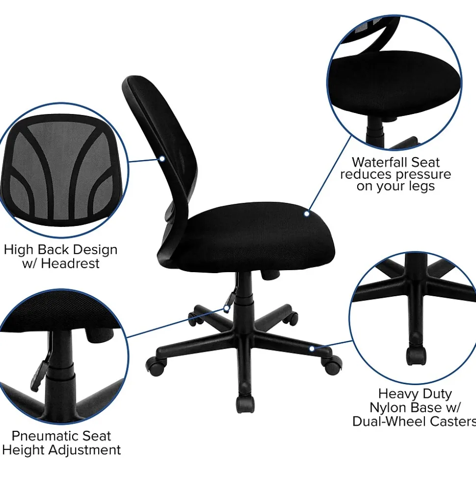 Flash Furniture Y-GO Office Armless Ergonomic Mesh Swivel Mid-Back Task Office Chair, Black (GOWY05)