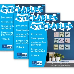 Flipside Products Dry Erase Stickables with Dry Erase Marker, Assorted Pastel Colors, 3" x 3", 12 Per Pack, 3 Packs (FLP94433-3)