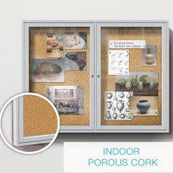 Ghent 4' H x 6' W Enclosed Natural Cork Bulletin Board with Satin Frame, 3 Door (PA34872K)